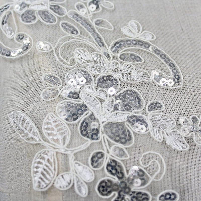 SEMCICOR Pair of Embroidery Sequin Lace Applique Fine Lace Fabric Patches Embroidered Trim Applique Motif Wedding Gown Dress Bridal DIY Crafts - Image 5
